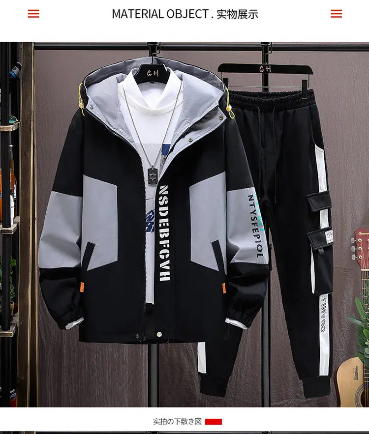 Autumn Casual Men Sets Two Pieces Fashion Korean Trend Hooded Jacket + Pants Spring Baseball Uniform Suit Man Outfit