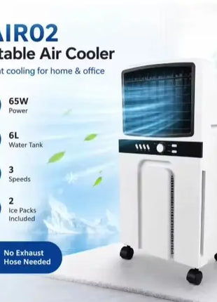 Raffrescatore d'Aria Portatile 6L 65W, Condizionatore Evaporativo a 3 Velocità con Ventola di Raffreddamento ad Acqua e Ruote per Casa, Camera da Letto, Ufficio