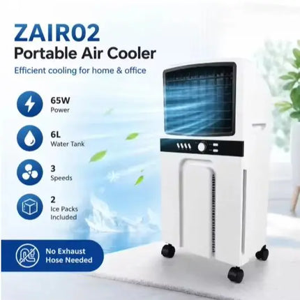 Raffrescatore d'Aria Portatile 6L 65W, Condizionatore Evaporativo a 3 Velocità con Ventola di Raffreddamento ad Acqua e Ruote per Casa, Camera da Letto, Ufficio