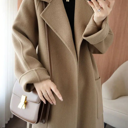 100% Wool Coat Women's Wear 2026 Autumn/Winter Fashion Temperament Double sided Cashmere Coats with Belt Elegant Long Overcoat