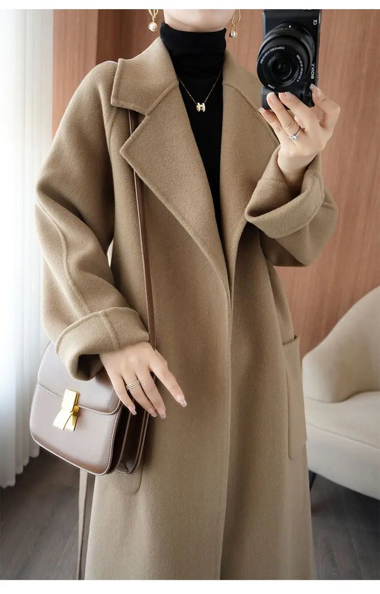 100% Wool Coat Women's Wear 2026 Autumn/Winter Fashion Temperament Double sided Cashmere Coats with Belt Elegant Long Overcoat