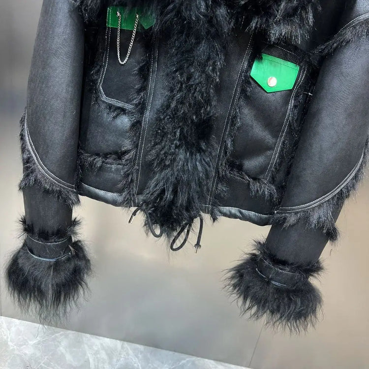 Winter Faux Lambskin Lapel Long-sleeved Inner Liner Thickened Fur One-piece Cotton-padded Jacket Street Fashion Warm Women Coat