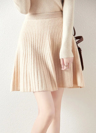 Preppy Style women's 100% Merino Wool Skirts Autumn Winter Pleated Skirt Cashmere Knitwear Short A-Line Above Knee Skirt PlatiNum