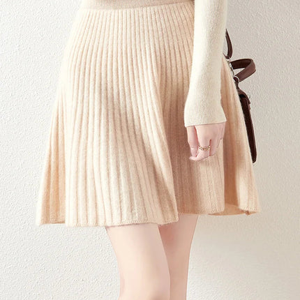 Preppy Style women's 100% Merino Wool Skirts Autumn Winter Pleated Skirt Cashmere Knitwear Short A-Line Above Knee Skirt PlatiNum