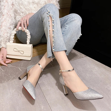 Bling Gold Silver Women Pumps 2023 Sexy Point Toe Thin Heel Party Wedding Shoes Womens Summer Ankle Strap 8cm High Heels Shoes PlatiNum