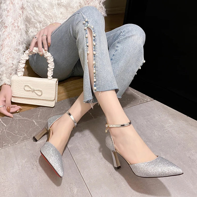 Bling Gold Silver Women Pumps 2023 Sexy Point Toe Thin Heel Party Wedding Shoes Womens Summer Ankle Strap 8cm High Heels Shoes PlatiNum