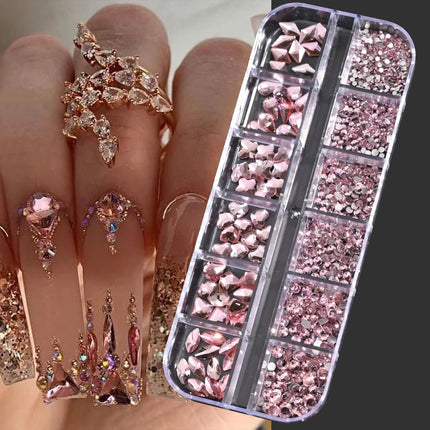 12 Grids Mixed Size Nail Rhinestones SS6 to SS30 Shiny Clear Gold Pink Blue Flat Back Glass Gems for DIY Nail Art Manicure Decoration Supply