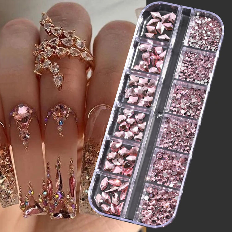 12 Grids Mixed Size Nail Rhinestones SS6 to SS30 Shiny Clear Gold Pink Blue Flat Back Glass Gems for DIY Nail Art Manicure Decoration Supply