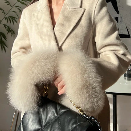 Autumn Winter Korean High-end Real Fox Fur Sleeves Women Black Slim Fit Waist Cinched Double-sided Wool Coat Long Woolen Coat