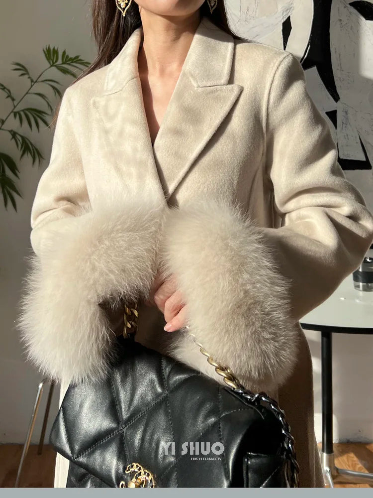 Autumn Winter Korean High-end Real Fox Fur Sleeves Women Black Slim Fit Waist Cinched Double-sided Wool Coat Long Woolen Coat