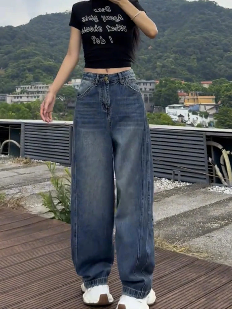 Jeans a gamba larga a vita alta Pantaloni in denim sottile da donna Jeans larghi dritti a figura intera taglie forti Sle casual