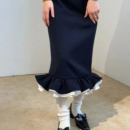 A new autumn/winter 2025 elegant and stylish body-hugging skirt with multi-layered ruffled edges and flower buds for women PlatiNum