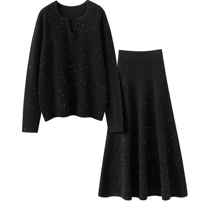 Chic Women Sweater Suite Skirt 100% Cashmere A-Line Skirt Autumn Winter Wave Skirt Elastic Knee Length Dress Sequins French Knit PlatiNum