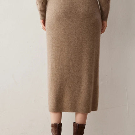 Women's 100% Cashmere Skirts Office Lady Autumn Winter Basic Fit Knitted High Waist Straight Skirt Graceful Long Warm Soft Dress PlatiNum