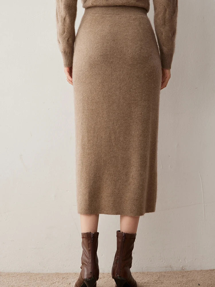 Women's 100% Cashmere Skirts Office Lady Autumn Winter Basic Fit Knitted High Waist Straight Skirt Graceful Long Warm Soft Dress PlatiNum
