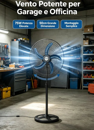 Grande Sconto Ventilatore a piantana leggero, montaggio semplice e veloce, vento molto potente, modello 50cm 75W con 5 pale blu, altezza regolabile e oscillazione automatica, spedizione gratuita in tutta Italia