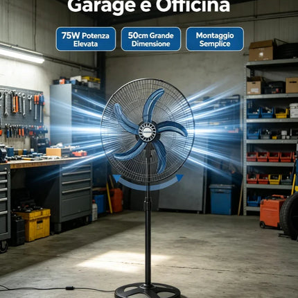 Grande Sconto Ventilatore a piantana leggero, montaggio semplice e veloce, vento molto potente, modello 50cm 75W con 5 pale blu, altezza regolabile e oscillazione automatica, spedizione gratuita in tutta Italia