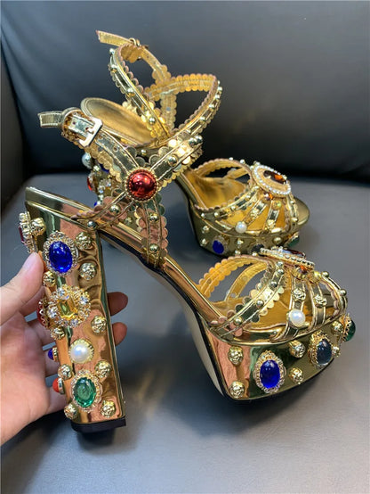 Women Chunky High Heels Shoes Platform Sandals For Women Rhinestone Metallic Gold Leather Shoes Woman Peep Toe Wedding Shoes