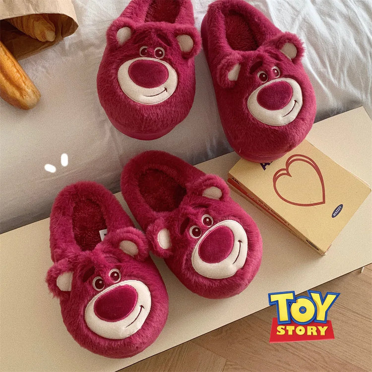 Fashion Strawberry Bear Girl Plush Cotton Slippers for Winter Warmth Indoor with Soft Plush Leisure Cotton Slippers Gifts