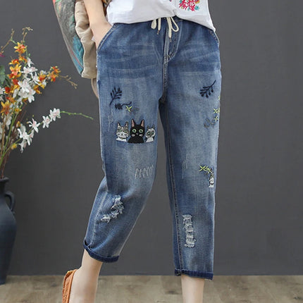 Amax luluE 2025 Moda Estate Streetwear Pantaloni in denim Donna Vintage Jeans elastici Donna Casual Allentato Ricamo Pantaloni Harem