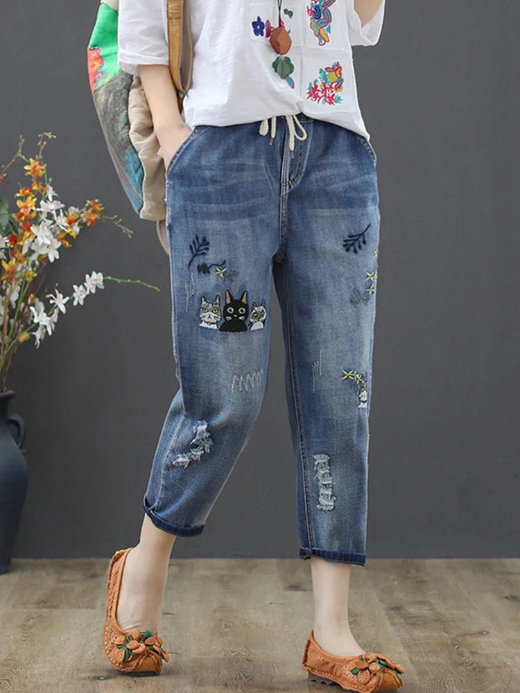 Amax luluE 2025 Moda Estate Streetwear Pantaloni in denim Donna Vintage Jeans elastici Donna Casual Allentato Ricamo Pantaloni Harem
