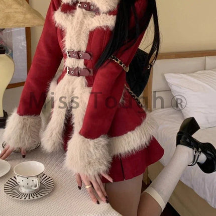 Winter Japanese Vintage Red Design Sweet New 2 Pieces Set Aesthetic Warm Coat + Mini Pleated Skirt Lady Party Fashion Suit 2024