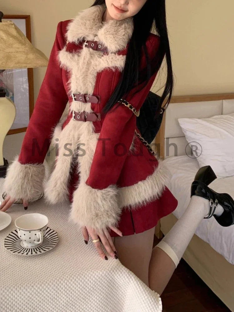 Winter Japanese Vintage Red Design Sweet New 2 Pieces Set Aesthetic Warm Coat + Mini Pleated Skirt Lady Party Fashion Suit 2024