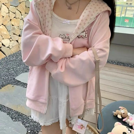 Thin Cat Pattern Floral Long Sleeve Zippered Hoodie Women's Spring and Summer Japanese Style Cute Open Cardigan Loose Top