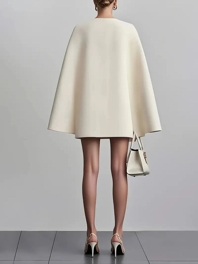 Women Fashion Commuter Solid Blazers Dress Office Double Breasted Waist Party Dress Elegant V-neck Shawl Cape Sleeve Midi Dress