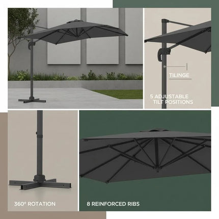 Ombrellone da Patio Quadrato a Sbalzo, 5 Angoli di Inclinazione e Rotazione a 360° °   Ombrellone da Esterno Girevole con Palo in Alluminio a 8 Stecche, Tetto Ventilato Antivento