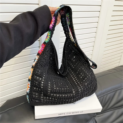 Borsa tote da donna in stile boho con motivo floreale all'uncinetto, borsa a tracolla in maglia intrecciata di grande capacità, borsa da spiaggia estiva per ragazze