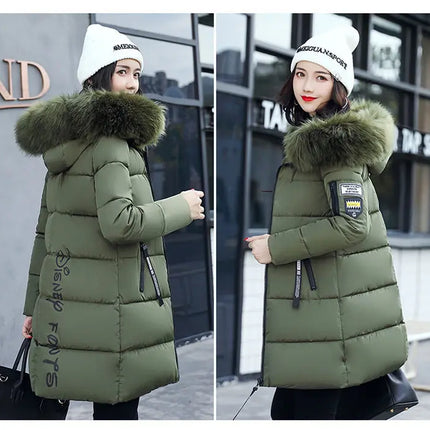 Women Winter Fur Collar Hooded Parka Coats Fashion Letter Patch Zipper Long Jacket Elegant Slim Warm Thick Female Snow Outerwear