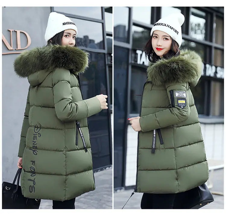 Women Winter Fur Collar Hooded Parka Coats Fashion Letter Patch Zipper Long Jacket Elegant Slim Warm Thick Female Snow Outerwear