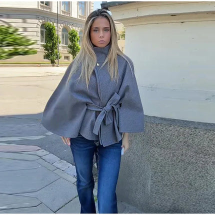 Elegant Wool Blend Cropped Coat With Belt For Women Chic Stand Collar Button Three Quarter Sleeve Jacket 2025 Autumn Outerwear