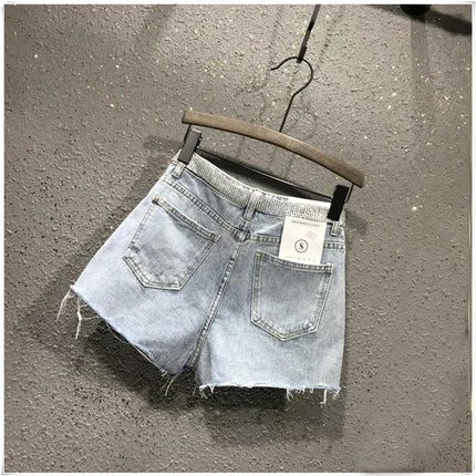 Women's Summer High Waist Rhinestone Tassel Ripped Irregular Blue White Denim Shorts Korean Denim Shorts for Women