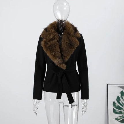 Shawl Faux Fur Women Coat Full Sleeve Woolen Lady Jacket 2025 Fashion Autumn Winter Lace Up Belted Waist Female Loose Outwears