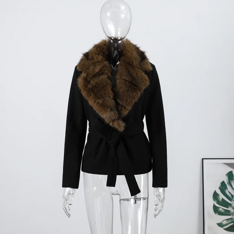 Shawl Faux Fur Women Coat Full Sleeve Woolen Lady Jacket 2025 Fashion Autumn Winter Lace Up Belted Waist Female Loose Outwears
