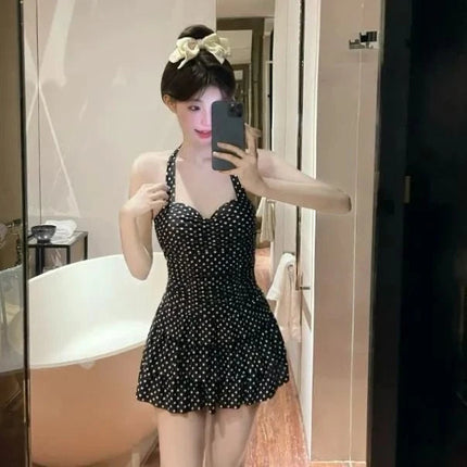 Costume da bagno intero estetico da donna con scollo all'americana, fantasia a pois, corpetto arricciato e gonna a balze, stile Kawaii Lolita platinumshop