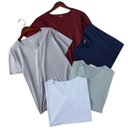2025 Men's Thin Short Sleeve Ice Silk Without Summer Solid Color T Shirt Trace Slim V-neck Bottoming Seamless Short Sleeve PlatiNum