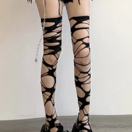 Collant a Rete Neri Irregolari da Donna, Stile Punk Goth, per Ragazze Audaci, Subcultura JK, Strappati, Moda Lolita