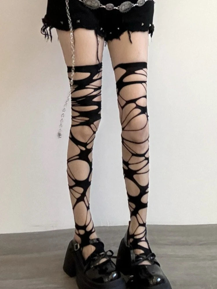 Collant a Rete Neri Irregolari da Donna, Stile Punk Goth, per Ragazze Audaci, Subcultura JK, Strappati, Moda Lolita