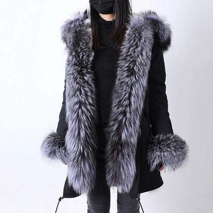 Winter Long Jacket Real Fur Coat Women Clothes Large Silver Fox Fur Collar Detachable Natural Fox Lining Parkas Leather Fur