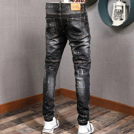 Fashion Streetwear Men Jeans Retro Black Blue Elastic Slim Fit Ripped Jeans Men Spliced Designer Embroidery Hip Hop Denim Pants PlatiNum