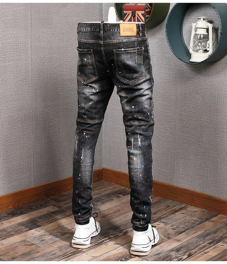 Fashion Streetwear Men Jeans Retro Black Blue Elastic Slim Fit Ripped Jeans Men Spliced Designer Embroidery Hip Hop Denim Pants PlatiNum