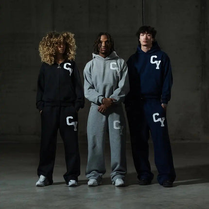 Streetwear Men's Fashion C Y Letter Zipper Set Multiple Colors Available Street Style Relaxed Unique Look Casual Two-Piece Set PlatiNum
