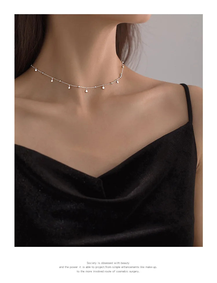 925 Sterling Silver Neck Chain Tassels Round Necklaces Women Jewelry Exquisite Elegant Aesthetic Charms Accessories Argent 925 PlatiNum