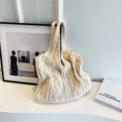 Vintage Knitting Bag 5 Colors Ladies Handbag Vintage Knit Tote Bag Wool Versatile Shoulder Bag For Shopping Daily Work School PlatiNum