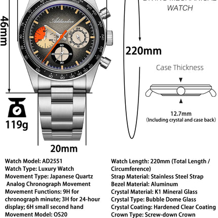 ADDIESDIVE 37mm Men's Luxury Watch 100m Water Resistance K1 Bubble Mirror Glass C3 Luminous Men's Stainless Steel Quartz Watch