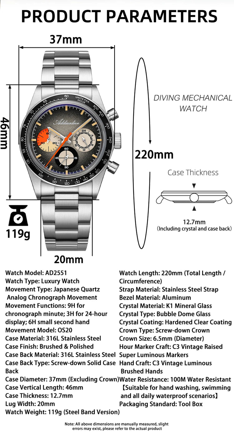 ADDIESDIVE 37mm Men's Luxury Watch 100m Water Resistance K1 Bubble Mirror Glass C3 Luminous Men's Stainless Steel Quartz Watch