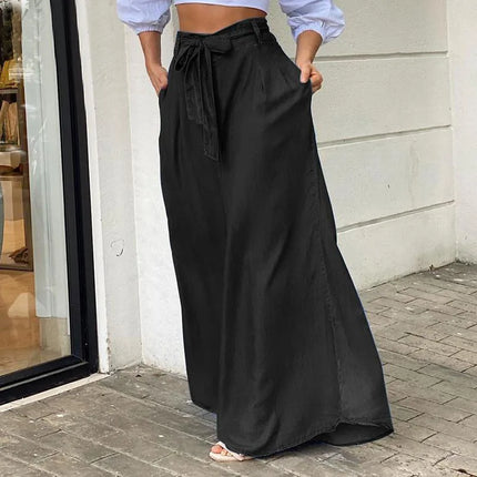 Eleganti Jeans a vita alta donna Denim estate pantaloni a gamba larga Lace-up Solid Female Lage Size Street pantaloni Casual abbigliamento